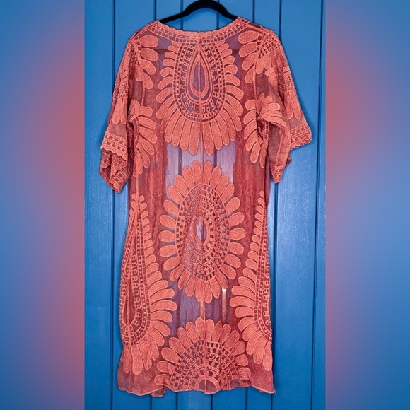 Terracotta Orange Mesh Duster Top Size Large Sheer Boho Southwestern Lagenlook - Picture 4 of 5